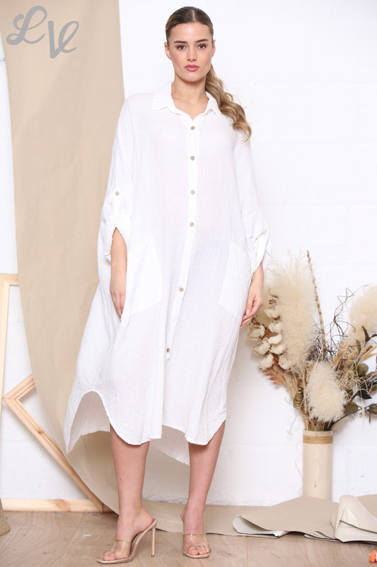Dames Maxi Relaxte Overhemdjurk Wit
