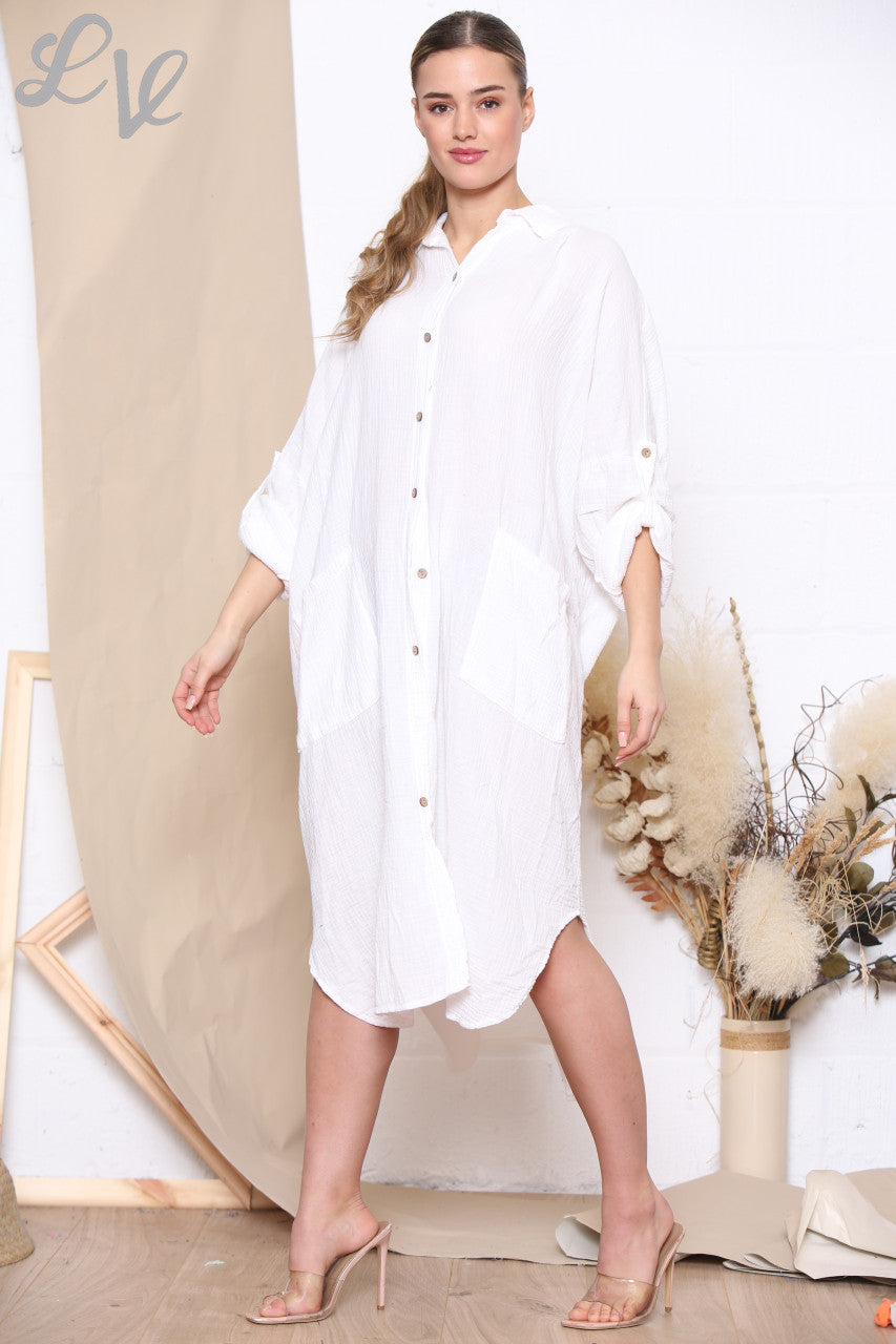 Ladies Maxi Relaxed Shirt Dress White