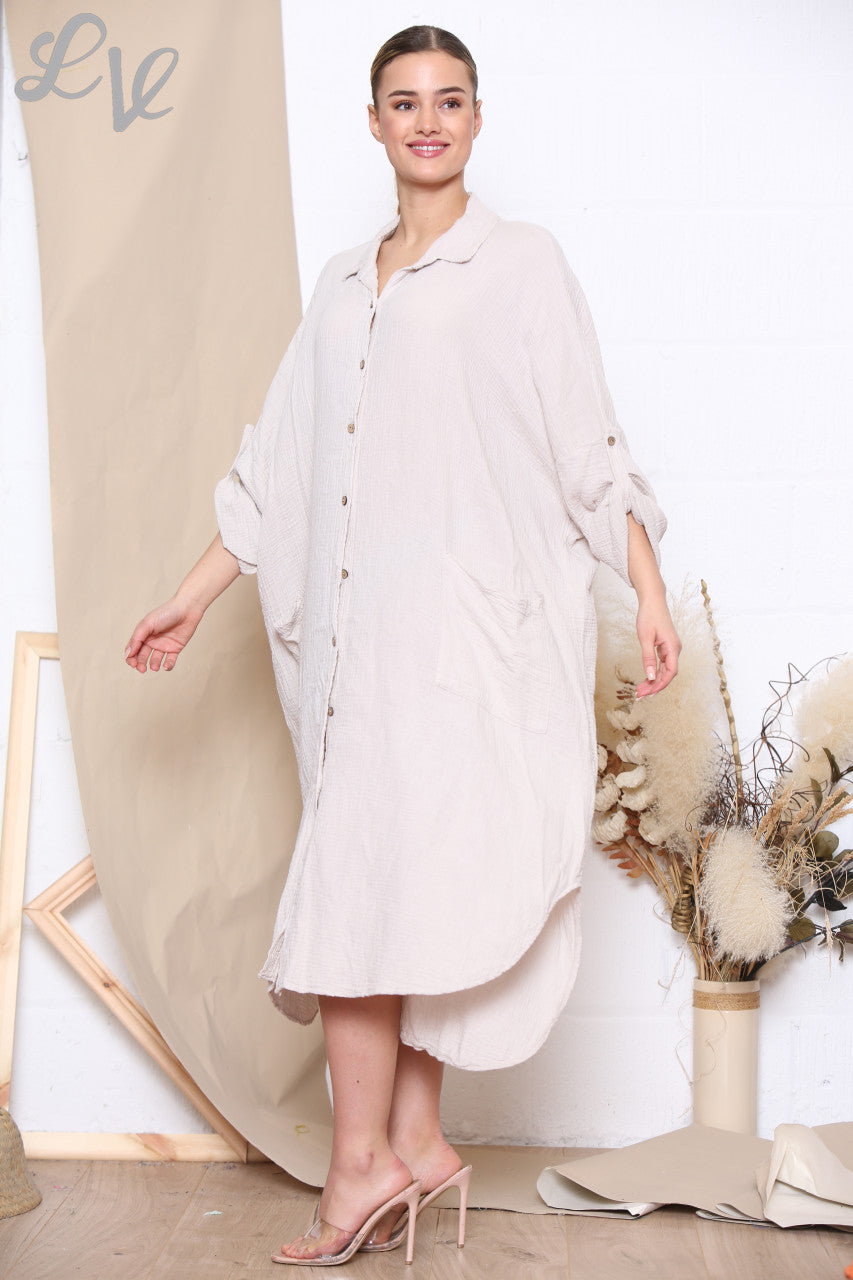 Ladies Maxi Relaxed Shirt Dress Stone