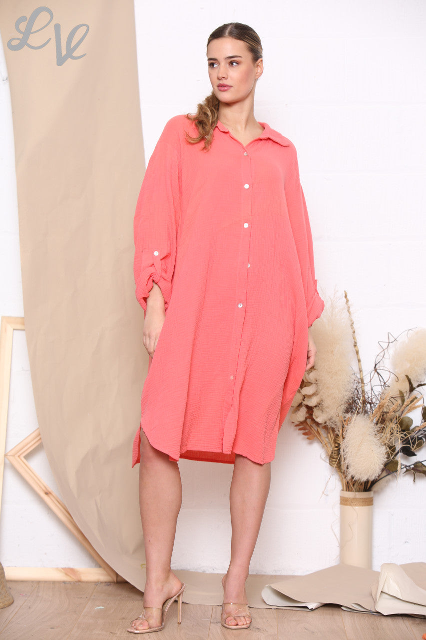 Ladies Maxi Relaxed Shirt Dress Coral