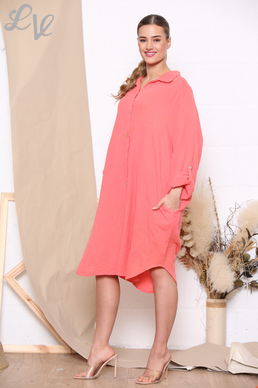 Ladies Maxi Relaxed Shirt Dress Coral