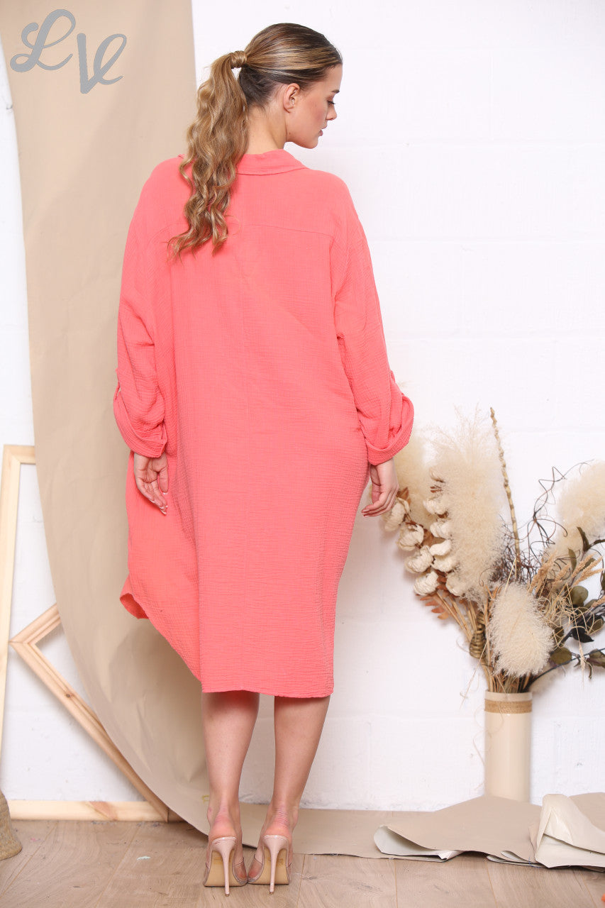 Ladies Maxi Relaxed Shirt Dress Coral
