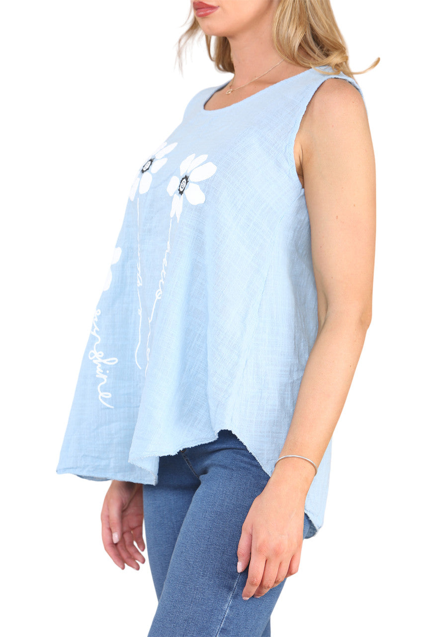 Ladies Flower Stems Sleeveless Vest Top Light Blue
