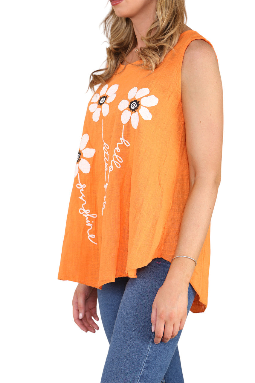 Ladies Flower Stems Sleeveless Vest Top Orange