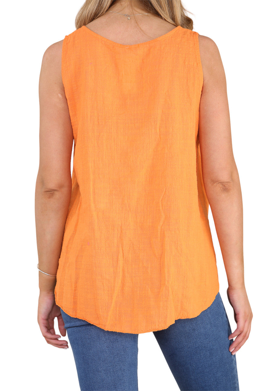 Ladies Flower Stems Sleeveless Vest Top Orange