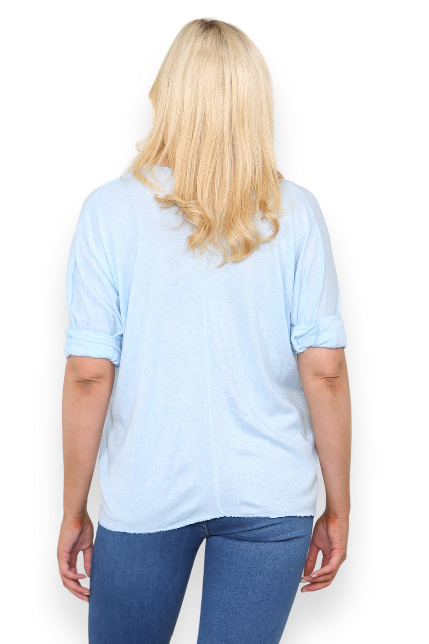 PLAIN FINE KNIT TOP WITH PRINTED SILKY SCARF LIGHT BLUE