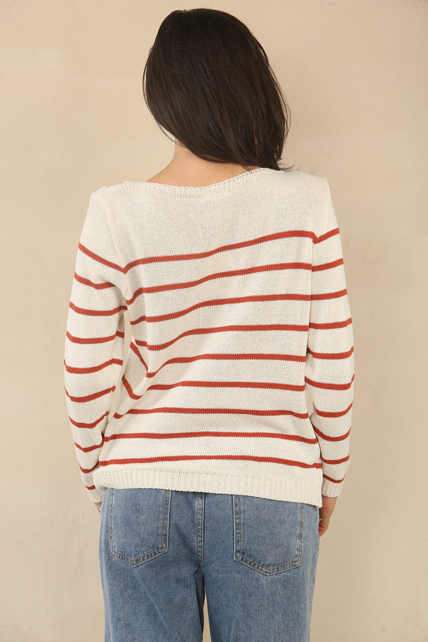 KNITTED STRIPE LONG SLEEVE JUMPER TOP - WHITE/RED