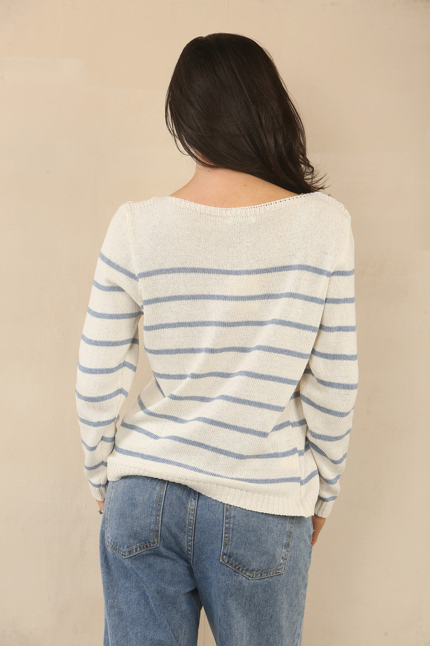 KNITTED STRIPE LONG SLEEVE JUMPER TOP - WHITE/DENIM