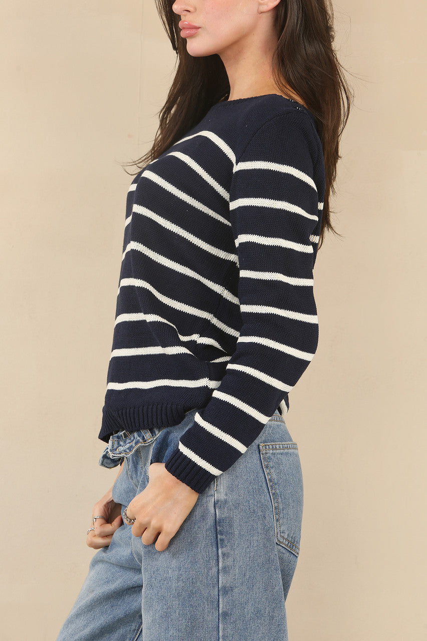 GEBREIDE STREEP LANGE MOUW TRUI TOP - NAVY/WIT