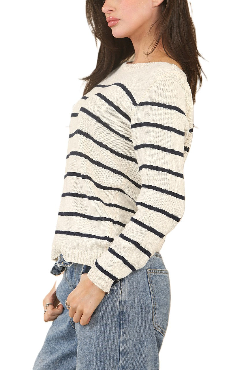 Cream knit jumper with navy horizontal stripes, round neck and long sleeves, side view