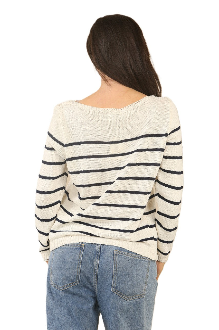 Back view of cream knit jumper with navy horizontal stripes, round neck long sleeves