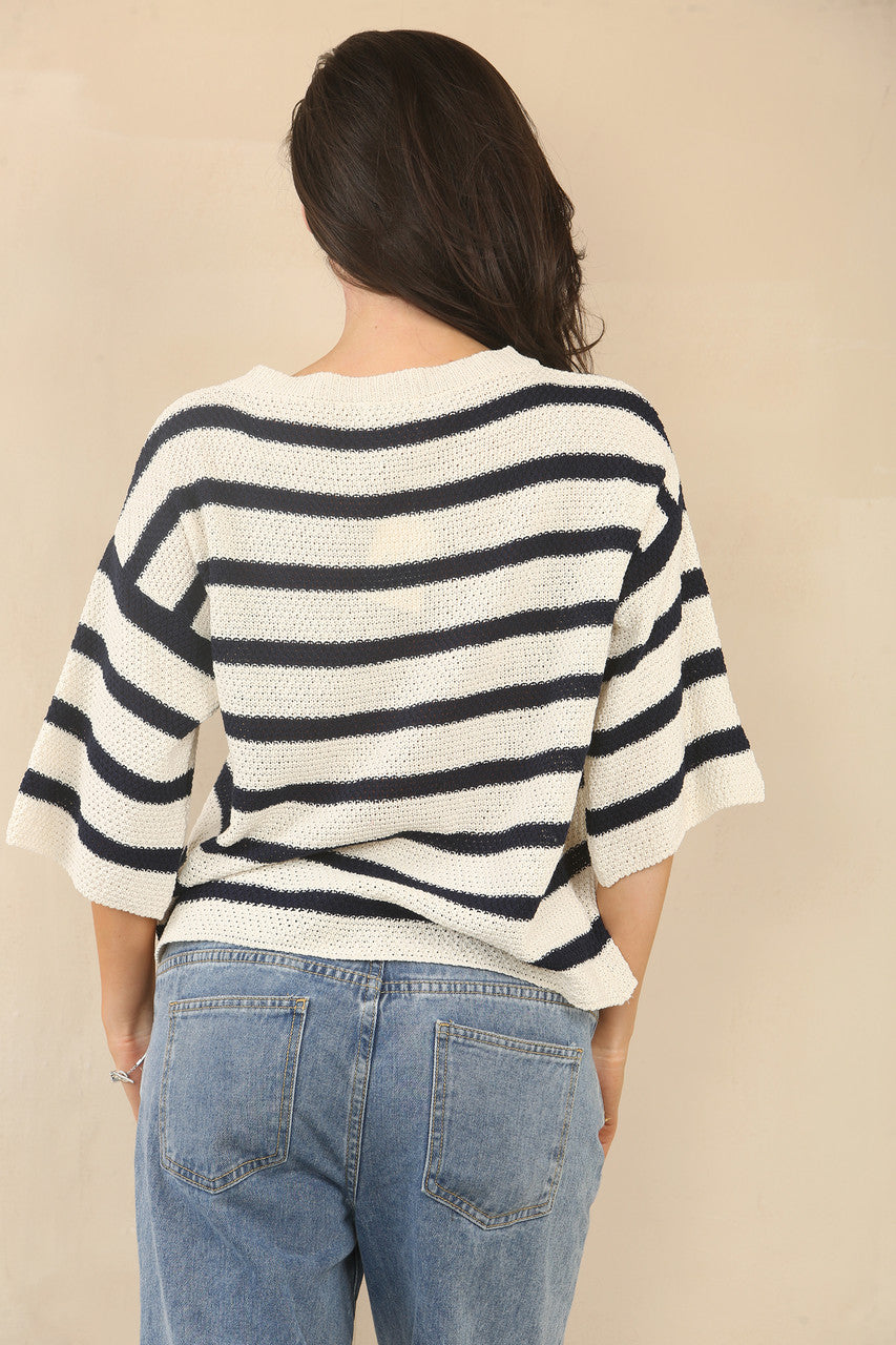 GEBREIDE GESTREEPTE TRUI MET 3/4 MOUWEN - WIT/BLAUW