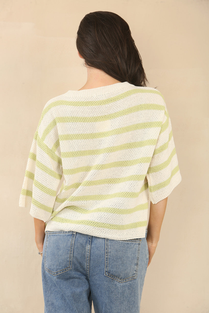 KNITTED STRIPE 3/4 SLEEVE JUMPER TOP - WHITE/LIME