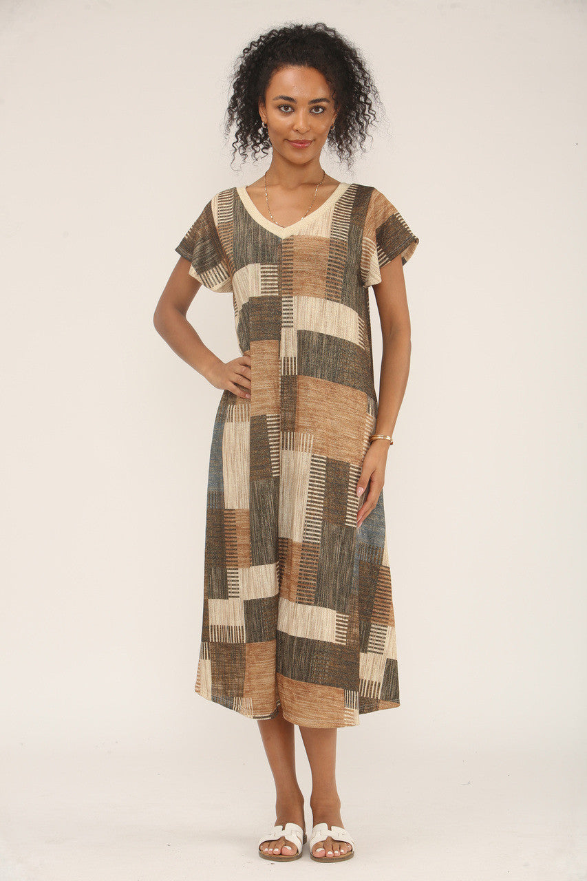 MIDI JURK MET PATCHWORK LUREX PRINT - BLAUW/BRUINE MIX