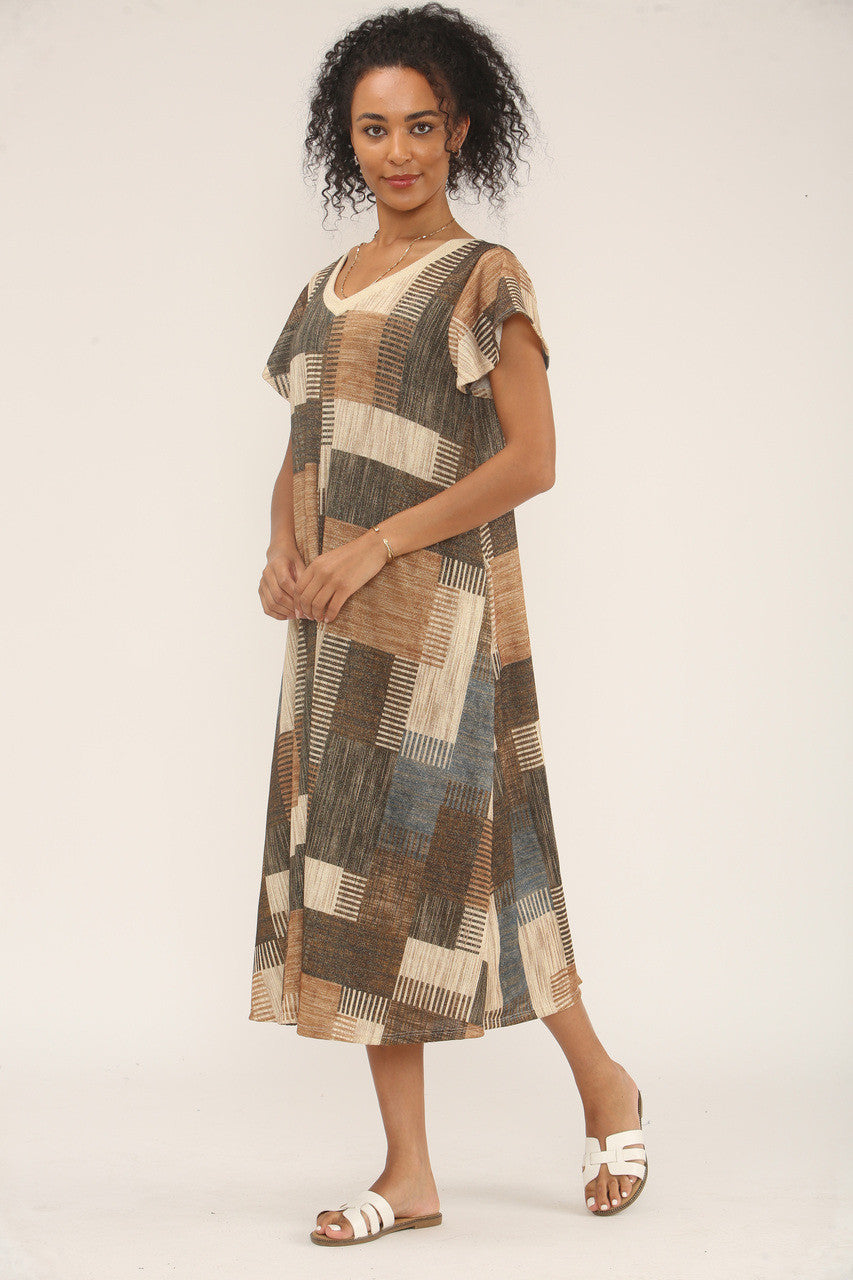 MIDI JURK MET PATCHWORK LUREX PRINT - BLAUW/BRUINE MIX