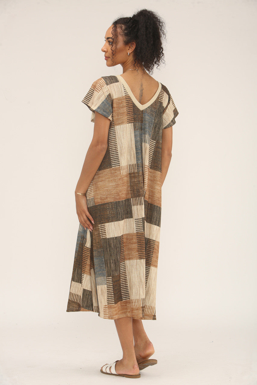 MIDI JURK MET PATCHWORK LUREX PRINT - BLAUW/BRUINE MIX