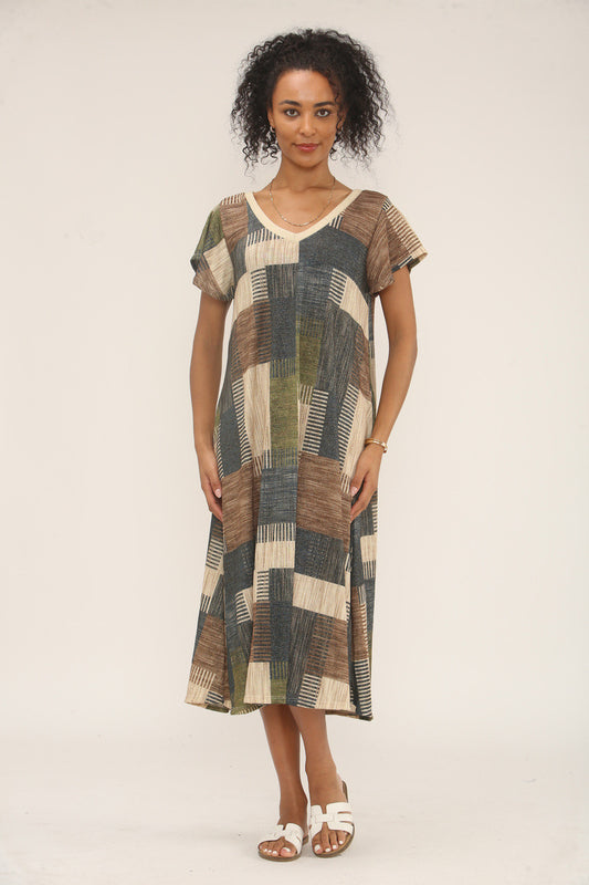 PATCHWORK LUREX PRINT MIDI JURK - BLAUW/BRUIN/GROEN MIX