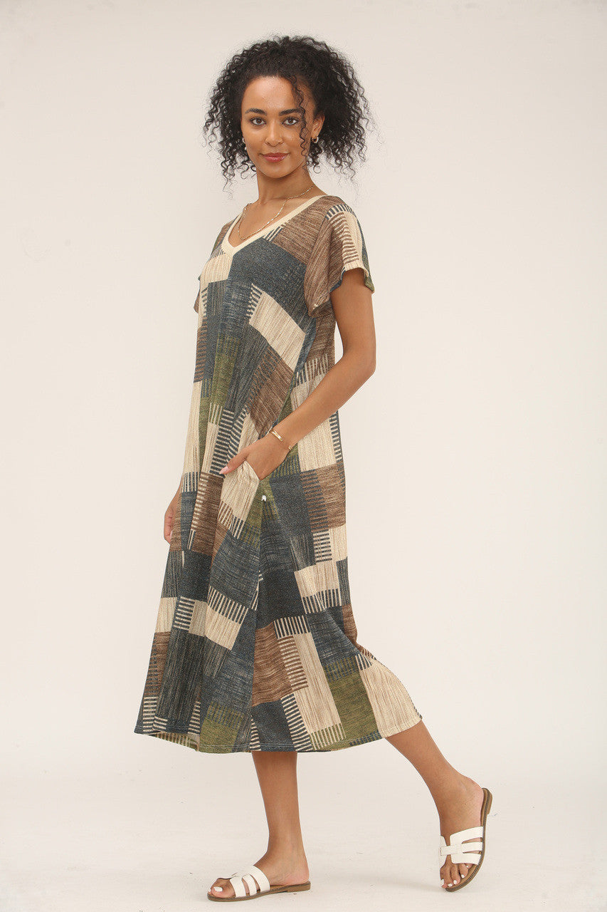 PATCHWORK LUREX PRINT MIDI JURK - BLAUW/BRUIN/GROEN MIX