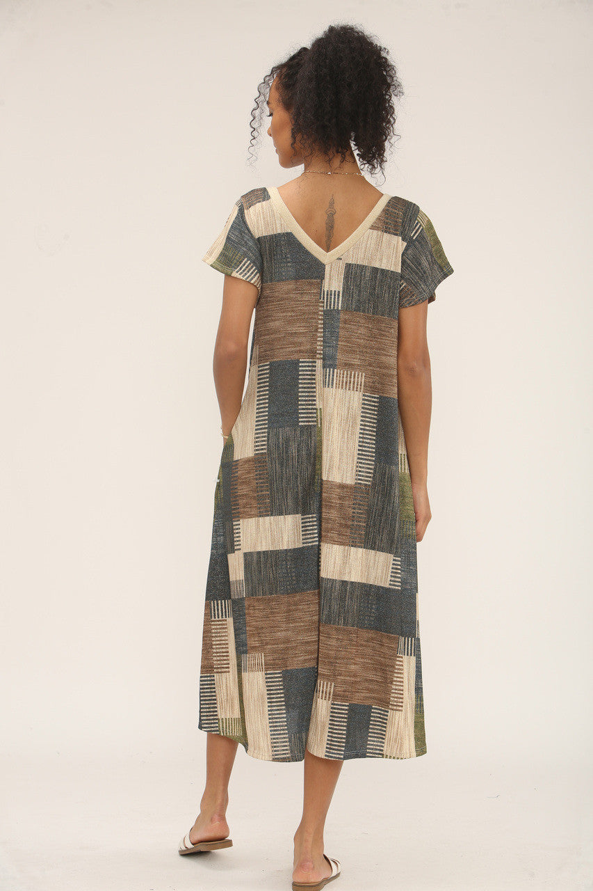 PATCHWORK LUREX PRINT MIDI JURK - BLAUW/BRUIN/GROEN MIX