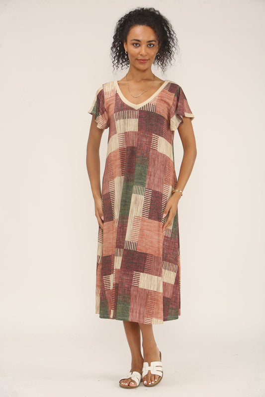 PATCHWORK LUREX PRINT MIDI JURK - ROZE/BEIGE MIX