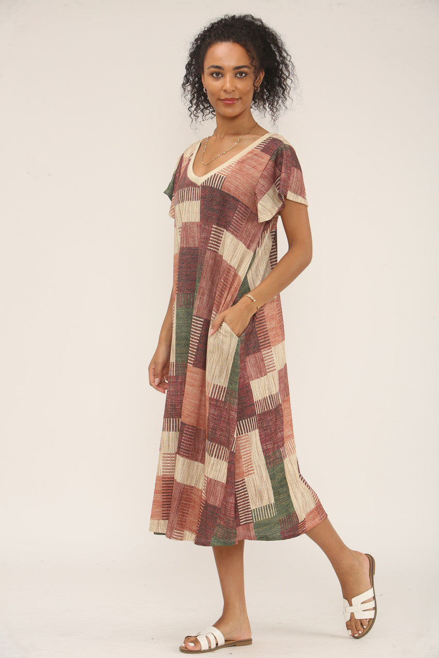 PATCHWORK LUREX PRINT MIDI JURK - ROZE/BEIGE MIX