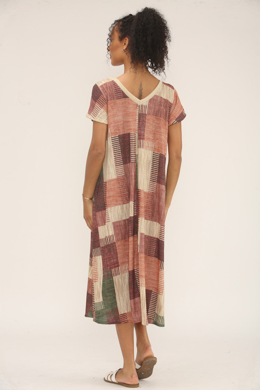 PATCHWORK LUREX PRINT MIDI JURK - ROZE/BEIGE MIX