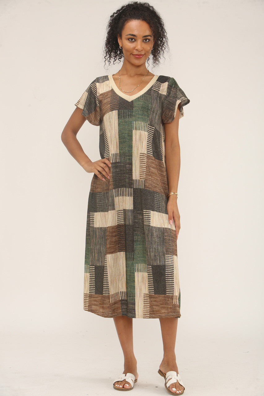 MIDI JURK MET LUREX PATCHWORKPRINT - GROEN/ZWART MIX