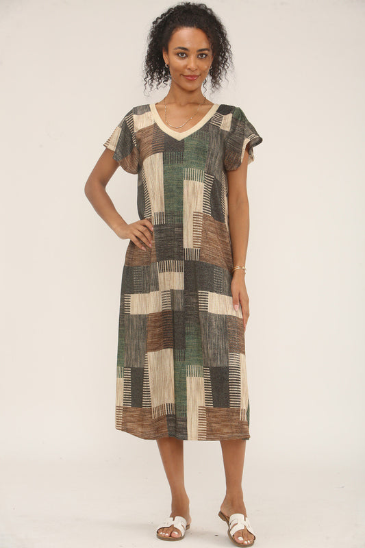 MIDI JURK MET LUREX PATCHWORKPRINT - GROEN/ZWART MIX