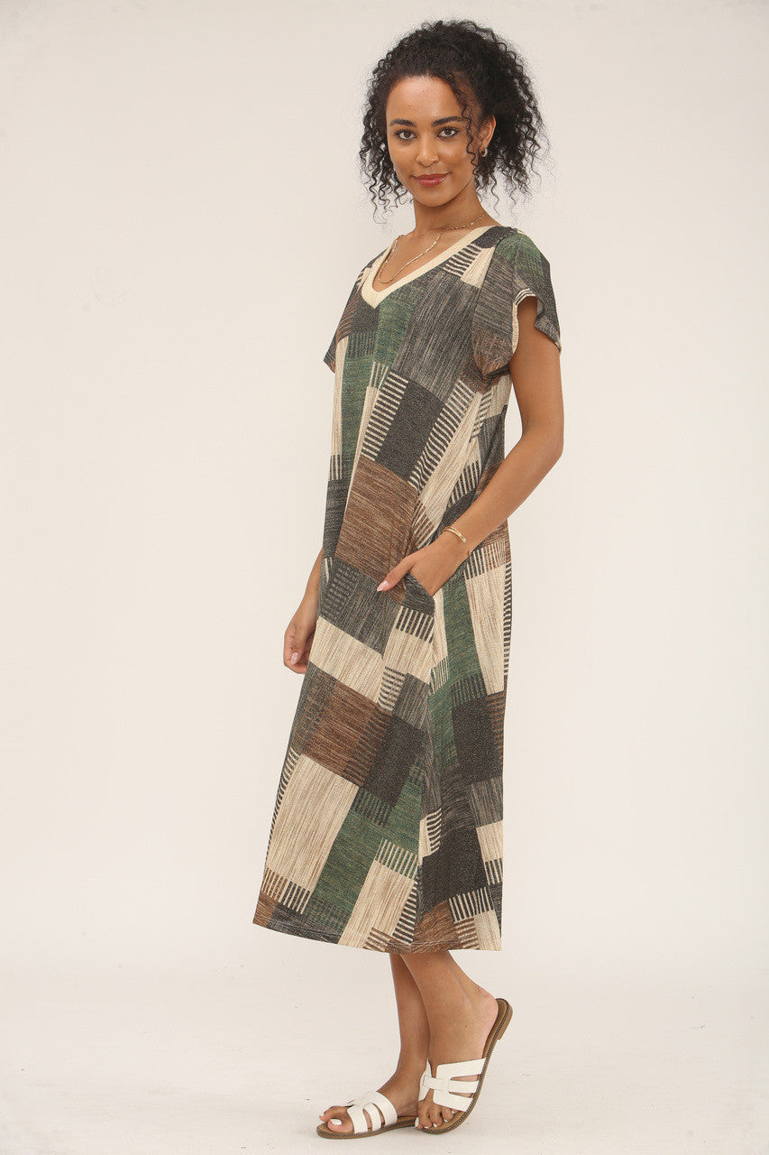 MIDI JURK MET LUREX PATCHWORKPRINT - GROEN/ZWART MIX