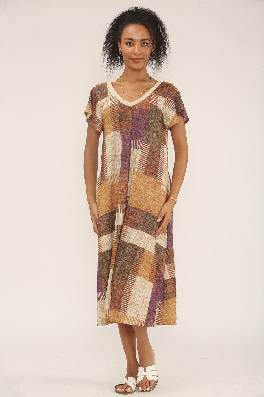 MIDI-JURK MET PATCHWORK LUREX PRINT - PAARS/BRUIN MIX
