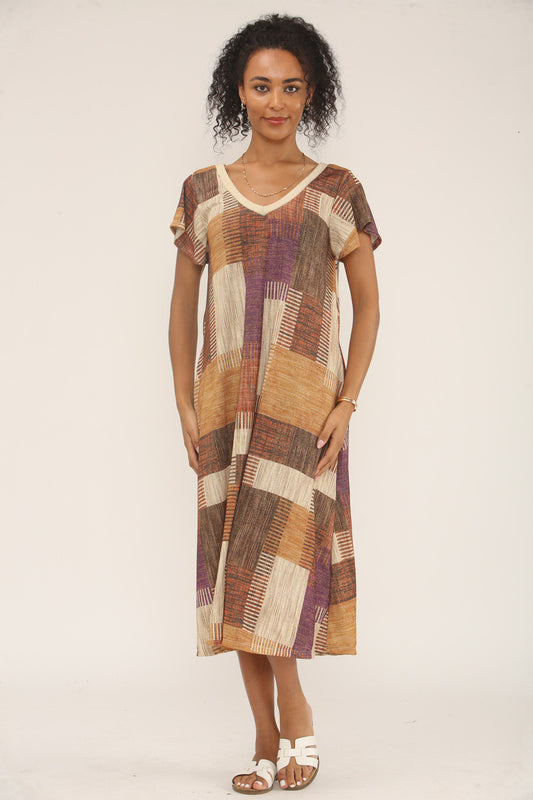 MIDI-JURK MET PATCHWORK LUREX PRINT - PAARS/BRUIN MIX