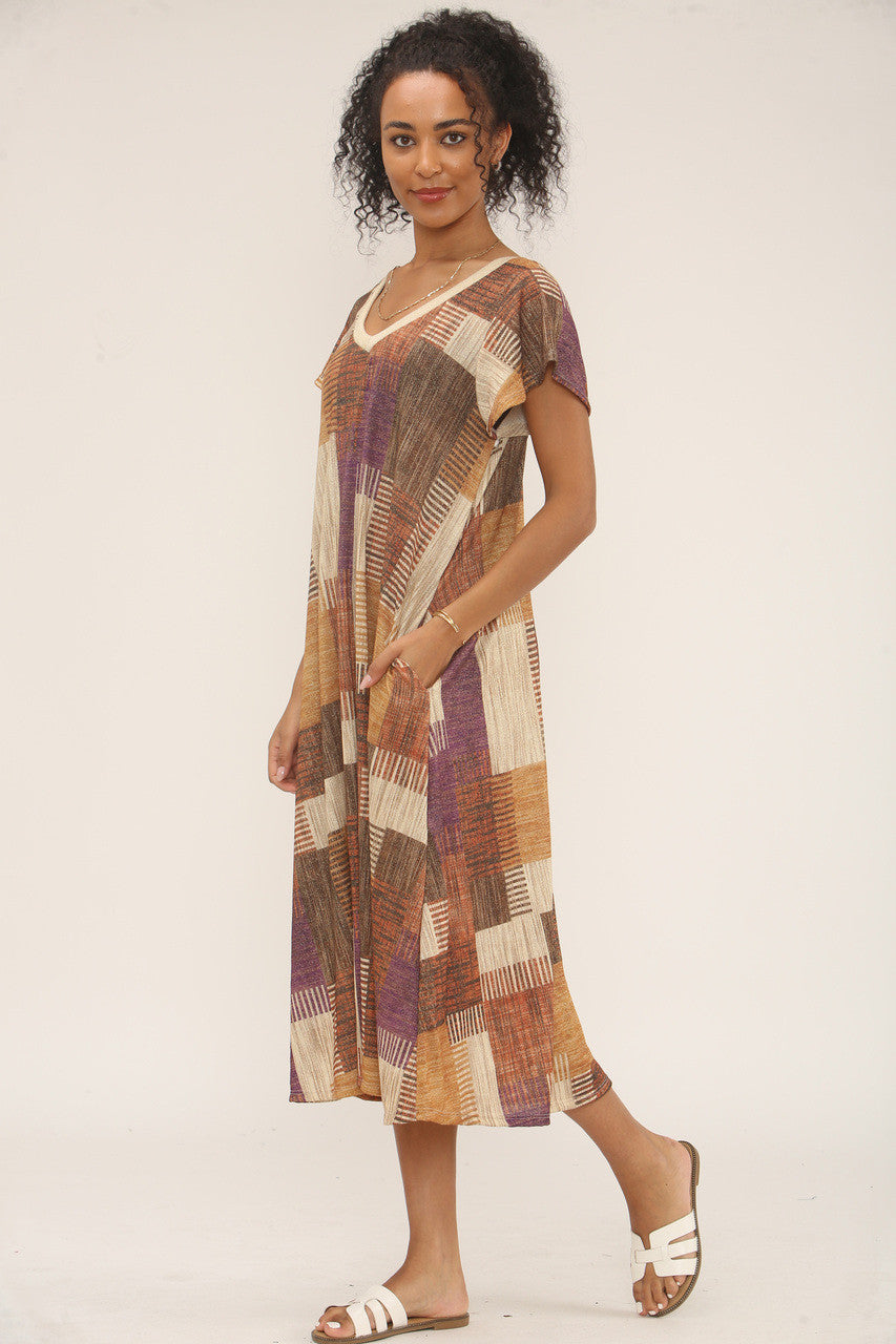MIDI-JURK MET PATCHWORK LUREX PRINT - PAARS/BRUIN MIX