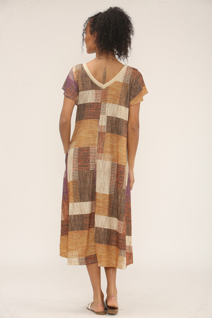 MIDI-JURK MET PATCHWORK LUREX PRINT - PAARS/BRUIN MIX