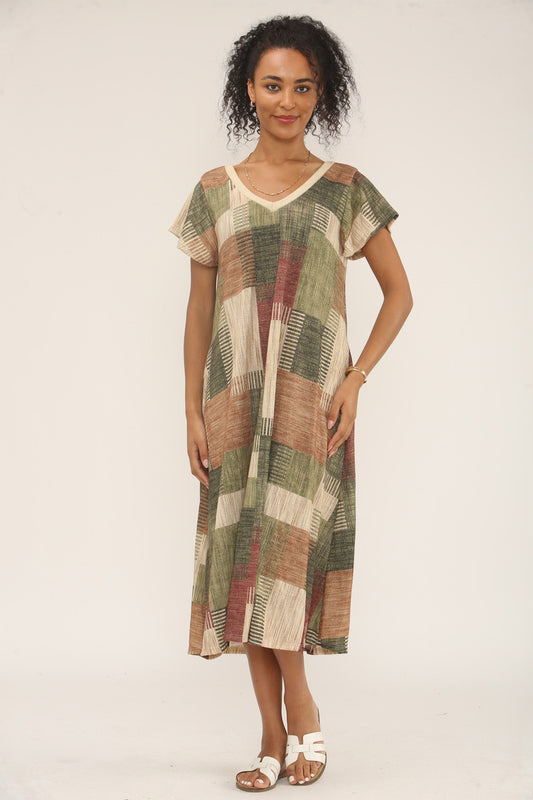 PATCHWORK LUREX PRINT MIDI JURK - GROEN/BRUIN MIX