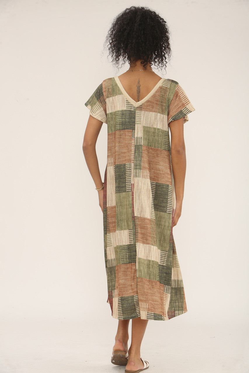 PATCHWORK LUREX PRINT MIDI JURK - GROEN/BRUIN MIX