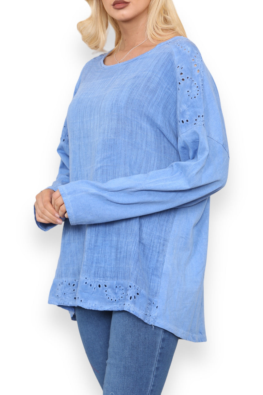 BRODERIE ANGLAISE SCHOUDER & ZOOM DETAIL TOP BLAUW