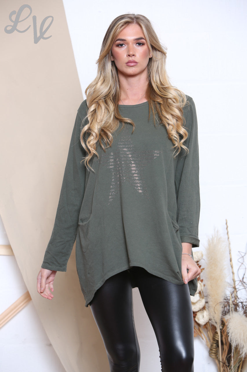 Ladies Sequin Star Top With Pockets Khaki Unit Price £9.99