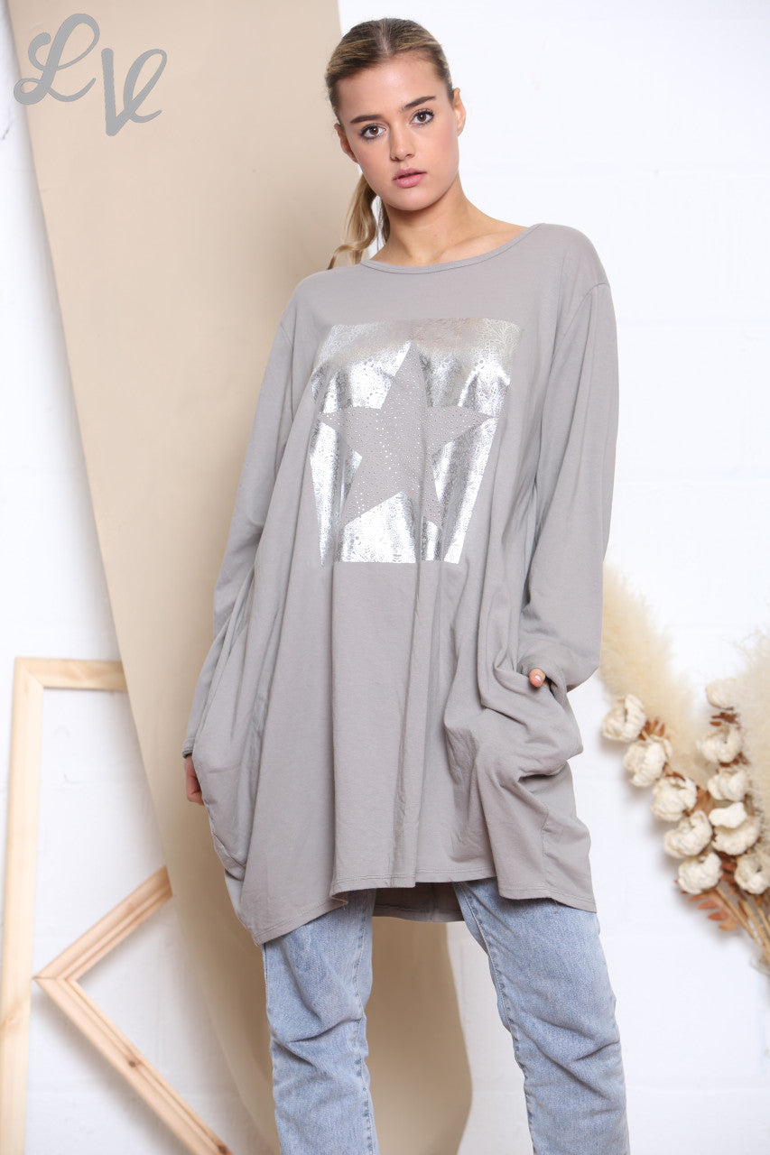 Ladies Square Foil Star Sweatshirt Top Taupe