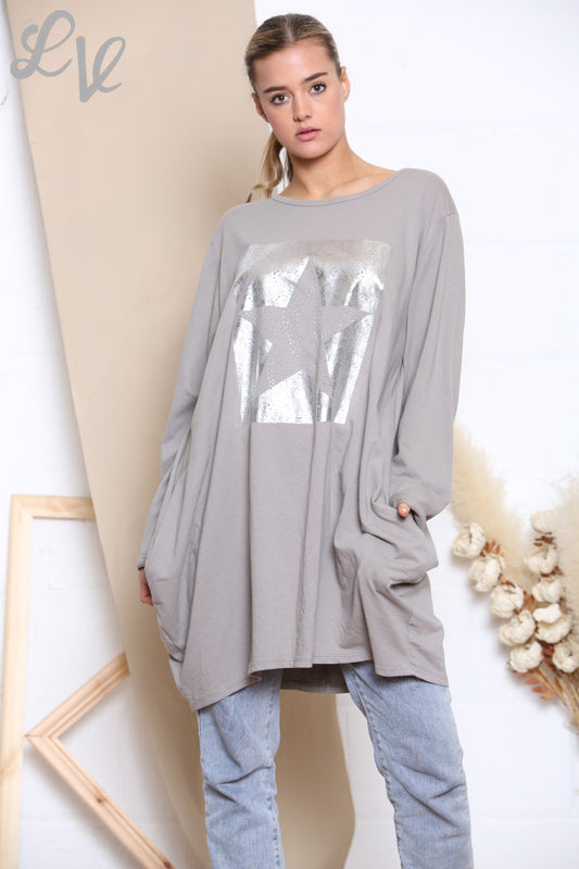 Dames Vierkante Folie Ster Sweatshirt Top Taupe