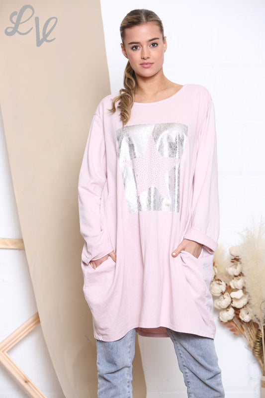 Dames Vierkante Folie Ster Trui Top Stoffig Roze