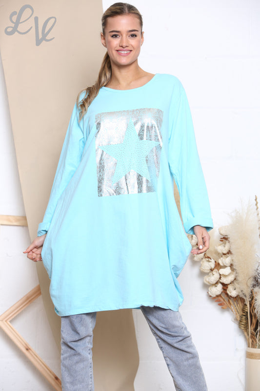 Dames sweatshirt met folie ster turquoise