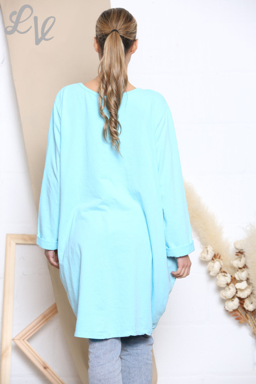 Ladies Square Foil Star Sweatshirt Top Turquoise