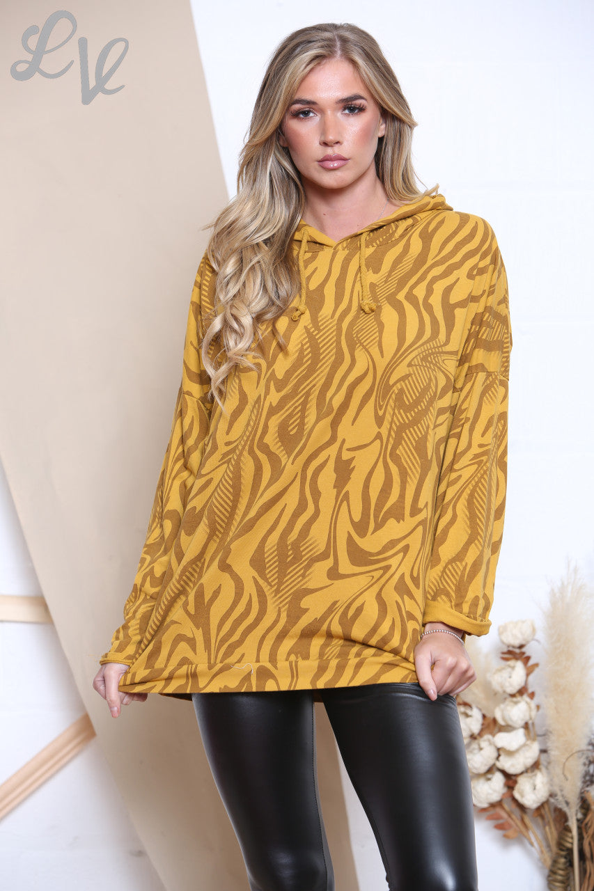 Ladies Tiger Print Hooded Top Mustard Unit Price WAS £12.99 NOW £4.99