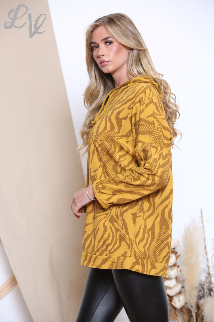 Ladies Tiger Print Hooded Top Mustard Unit Price WAS £12.99 NOW £4.99