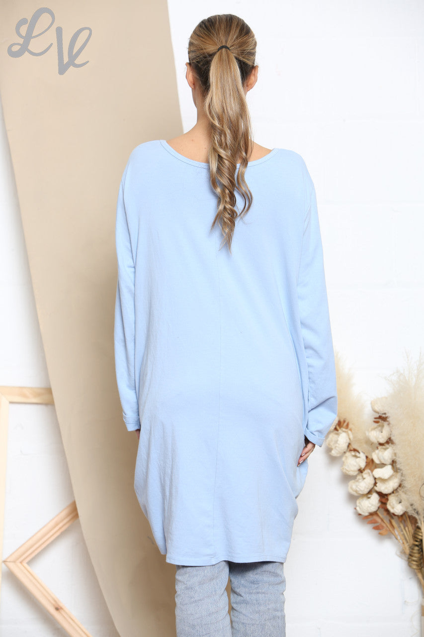 Ladies Square Foil Star Sweatshirt Top Sky Blue