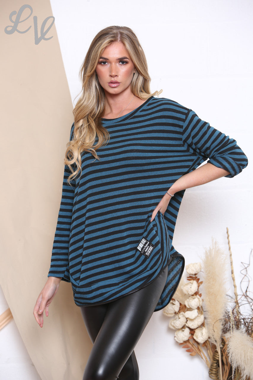 Dames gestreepte top met badge blauw Eenheidsprijs €8,99