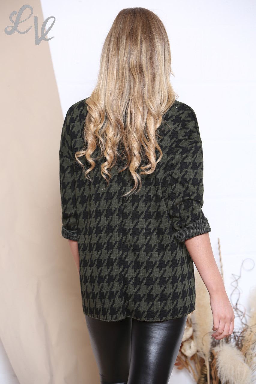 Ladies Dogtooth Print Top With Necklace Khaki Unit Price £8.99