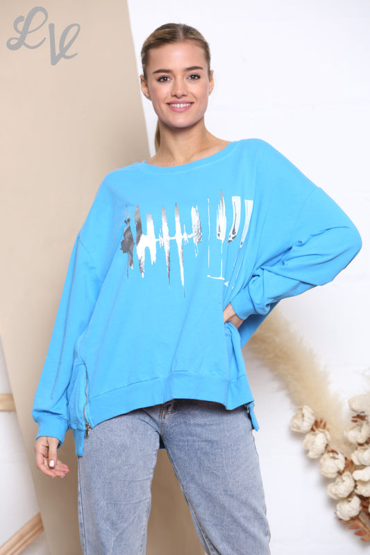 Ladies Foil Heartbeat Graphic Sweatshirt Top Turquoise