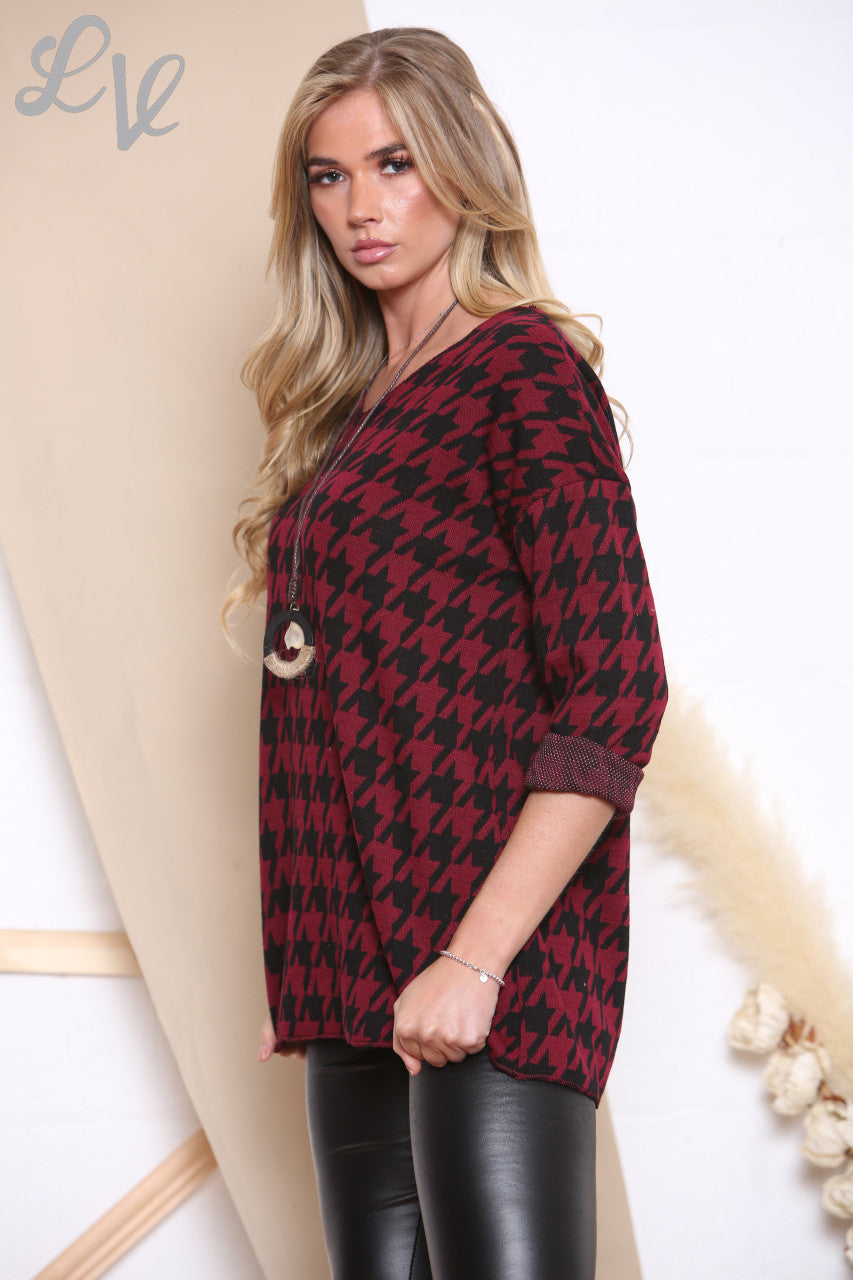 Ladies Dogtooth Print Top With Necklace Burgundy Unit Price £8.99
