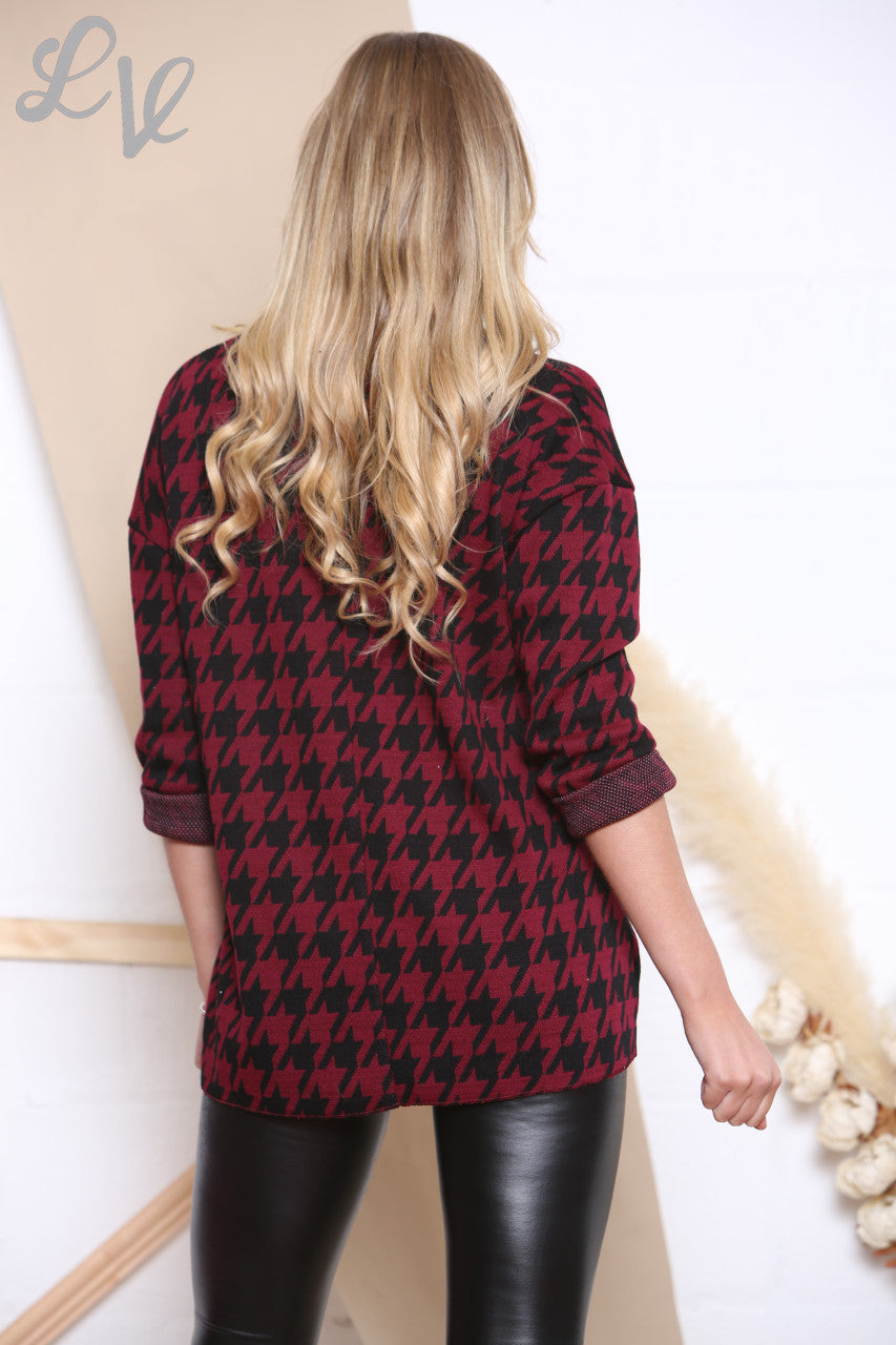 Ladies Dogtooth Print Top With Necklace Burgundy Unit Price £8.99